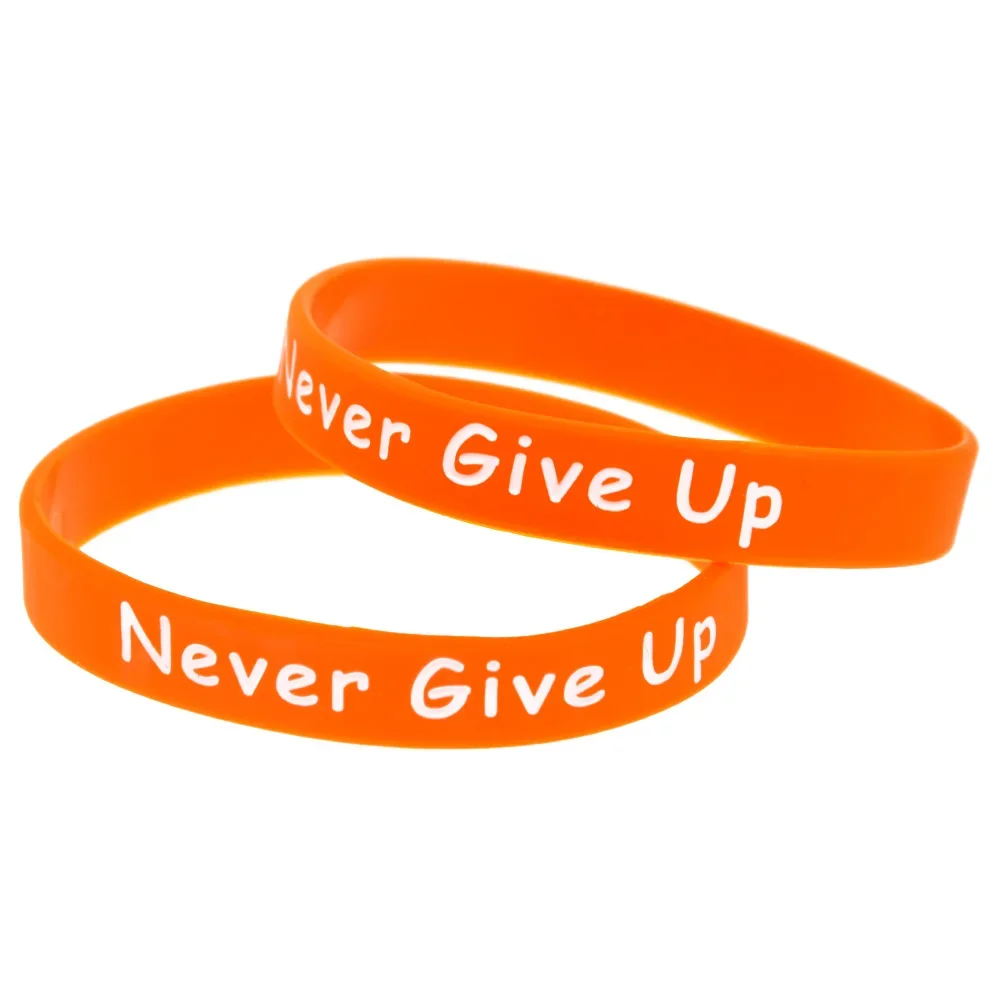 

50 Pcs MS Fighter Never Give Up Silicone Bracelet Orange Adult Size