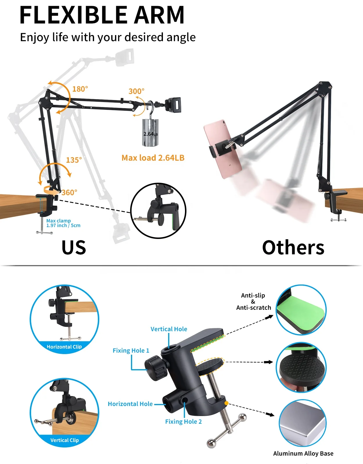 침대용 태블릿 스탠드, 360 도 회전 침대 태블릿 마운트 거치대 스탠드, 아이패드, 휴대폰용 알루미늄 암 포함