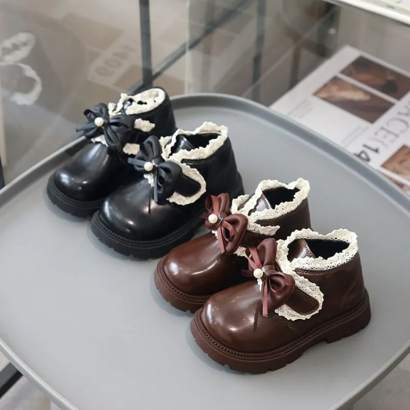 Sweet Children's Lace Bordered PU Leather Boots 2026 British Style Autumn Girls Ankle Boots Trend Princess Platform Shoes