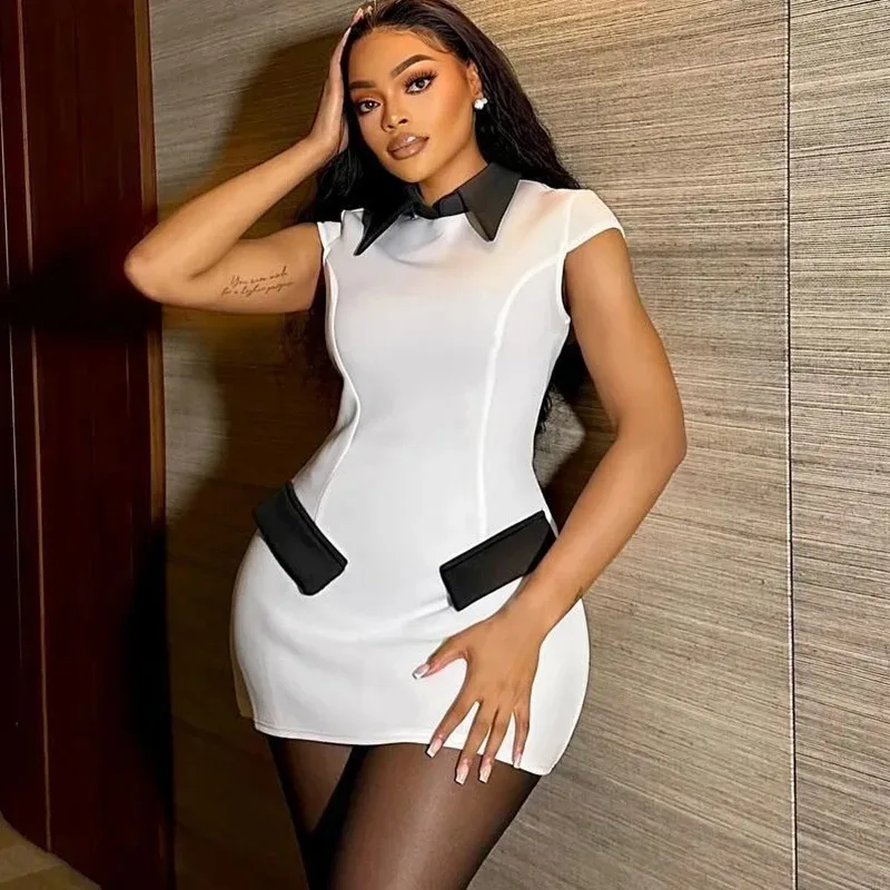 

Women's Color Contrasting Turn-Down Collar & Pockets Sleeveless Mini Dress, Zipper, Hips Wrapped