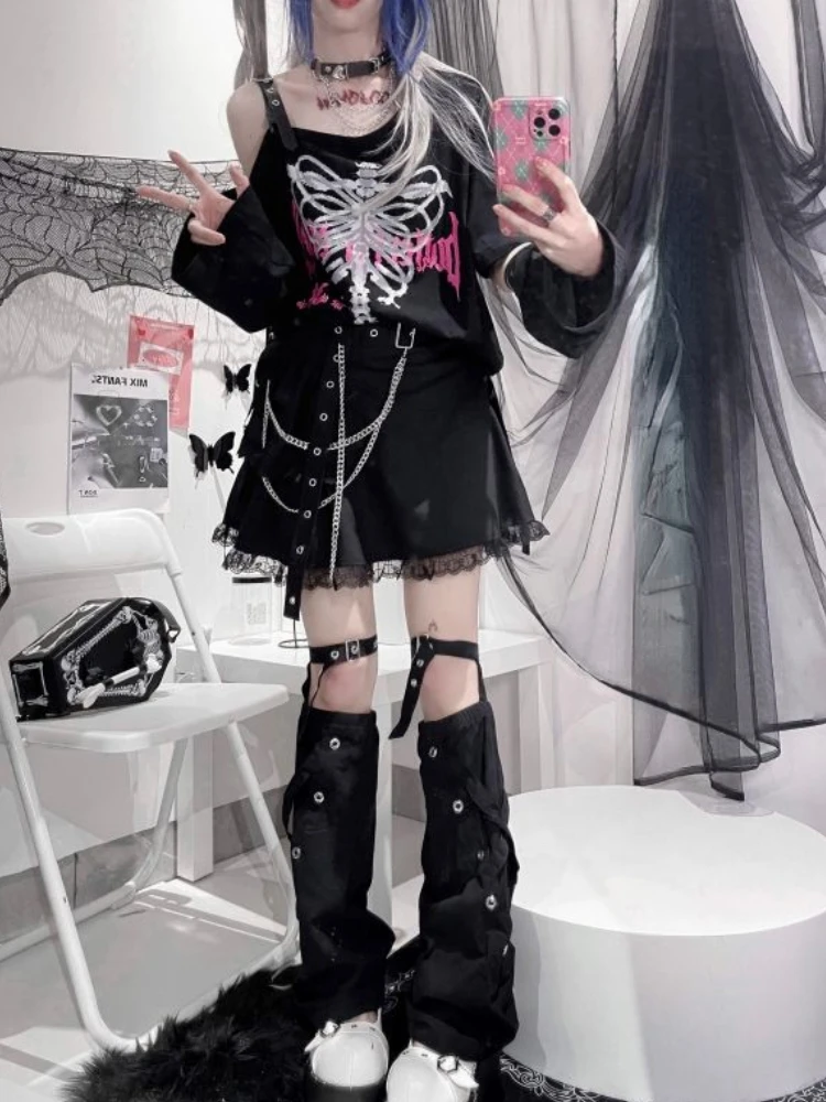 Y2k Aesthetic Black T Shirt Women Harajuku Off Shoulder Skull Print Gothic Graphic Shirts Japanese Punk Grunge Streetwear ee