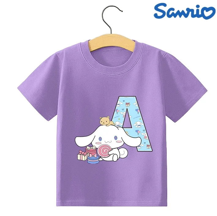 

Cinnamoroll T-shirt Children A-Z Letter Tee Top Summer Round Collar Clothing Fashion Purple Short Sleeve Kid Casual Clothes Gift