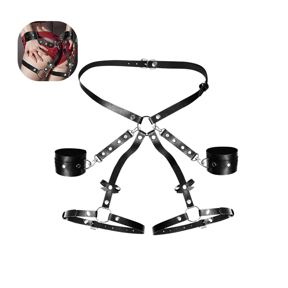 Sex Bondage BDSM Kit Adult Sex Toy Set Body Harness Strap Handcuffs Restraints with Adjustable Thigh Cuffs Waist Strap for Women