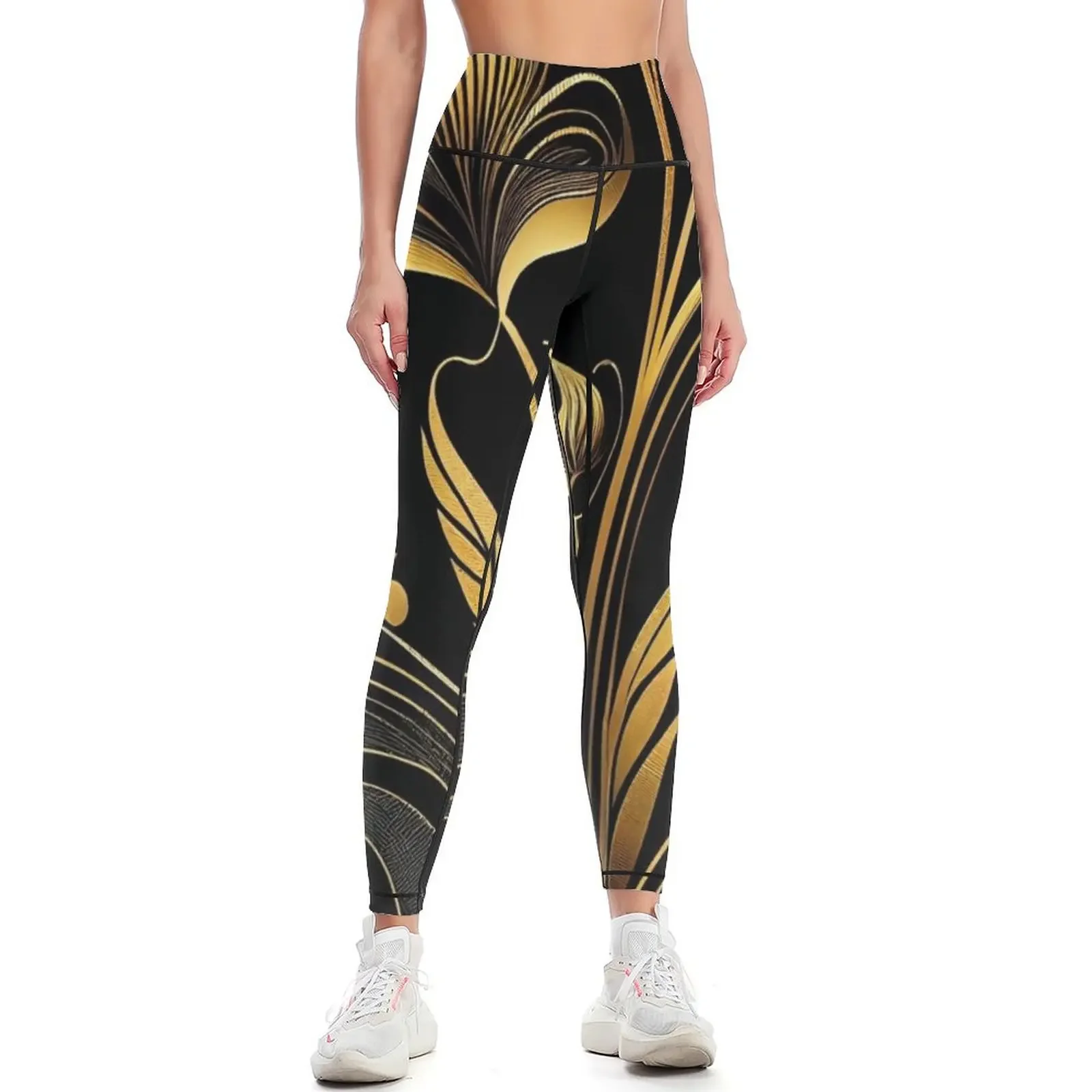 

Daisy - Luxury Flowers Abstract Pattern in Gold, Silver, Black Leggings workout clothes for push up tights for Womens Leggings