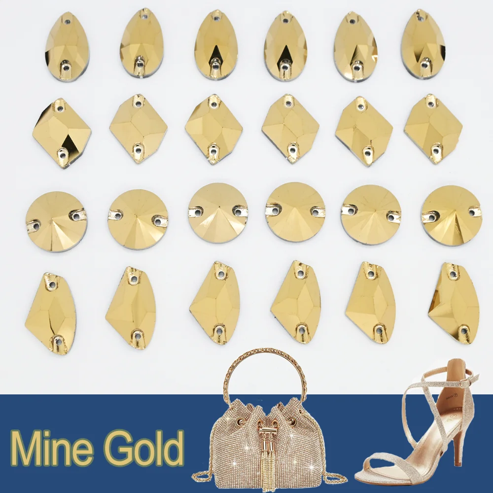 Mine Gold Mix Shape Sew On Rhinestones Glitter Glass Round Flatback Sewing Crystal for Wedding Accessories стразы  Stones