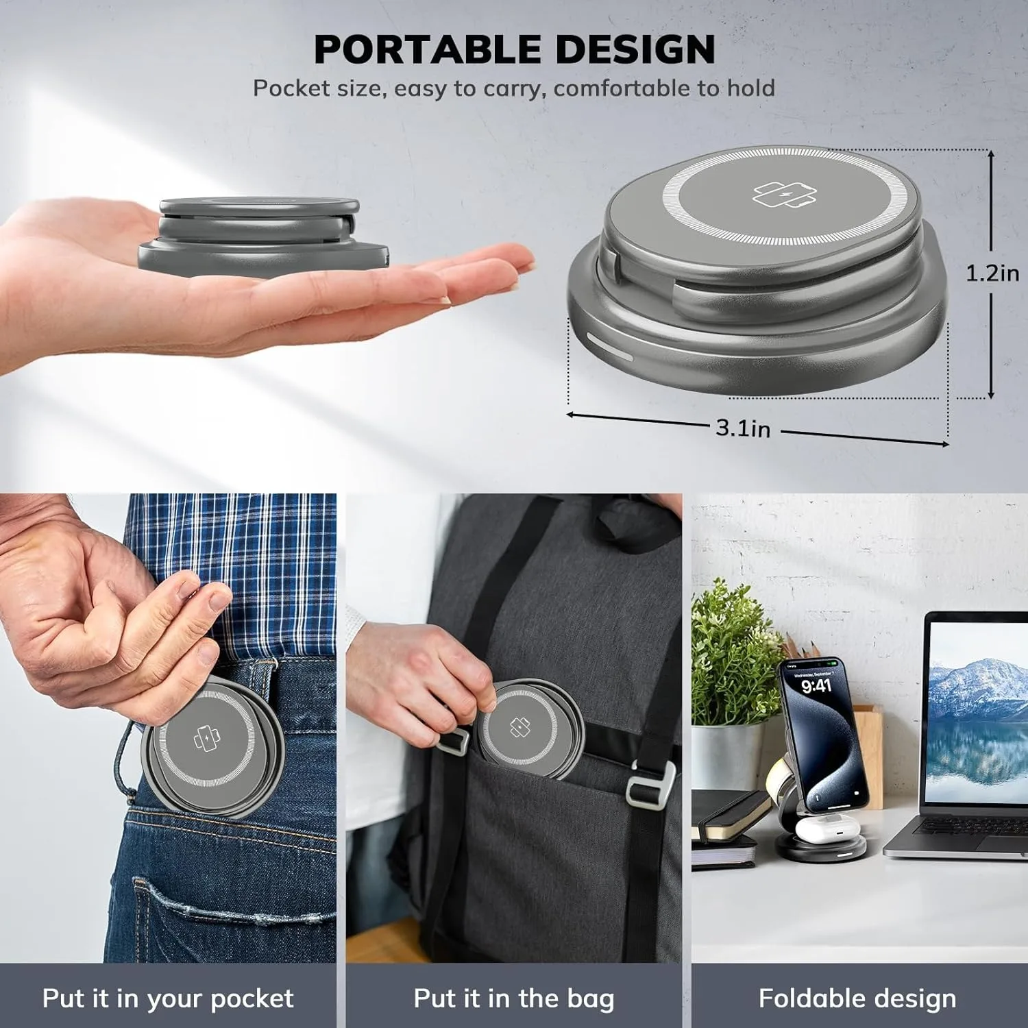 แท่นชาร์จไร้สายแบบแม่เหล็กพับได้3 in 1, แท่นหมุนแบบพกพาสำหรับ iPhone 15 14 13 12 PRO MAX iWatch 9 8 airpods