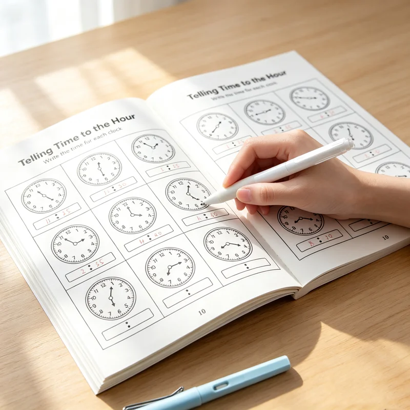 Telling Time Practice Book: 36 Pages of Clock Reading & Writing Activities for Kids