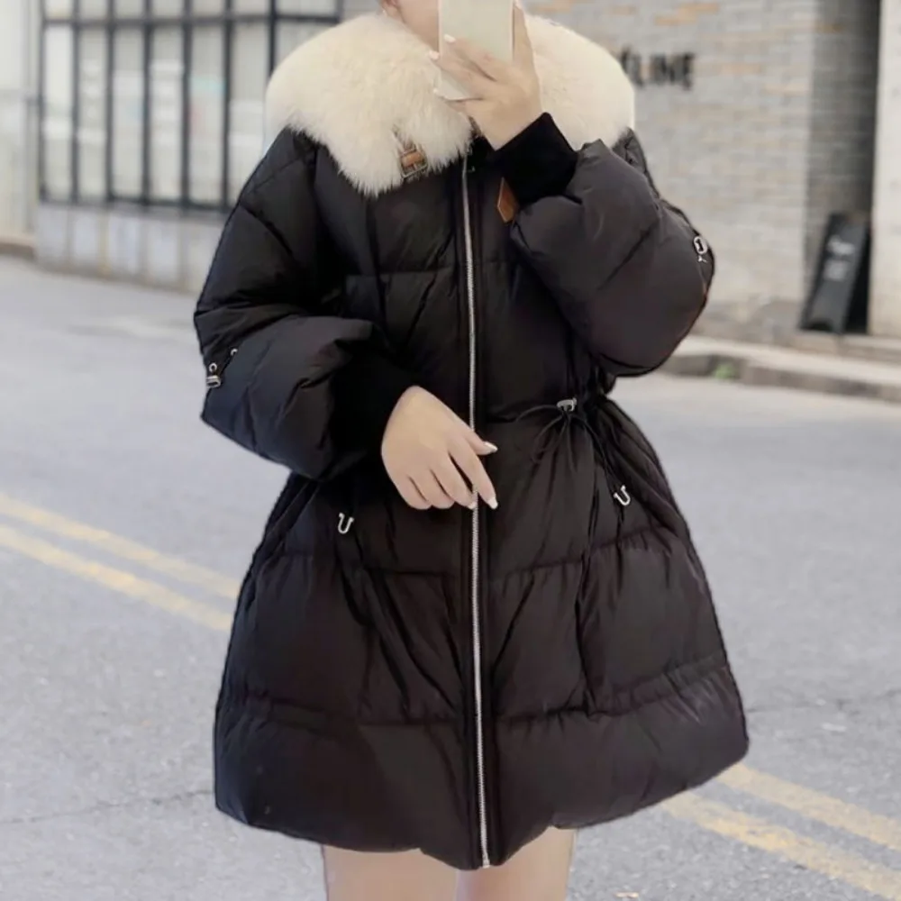 2024 New Women Winter White Goose Down Coats Ladies Real Fox Fur Collar Down Jackets Female Loose Warm Outerwear