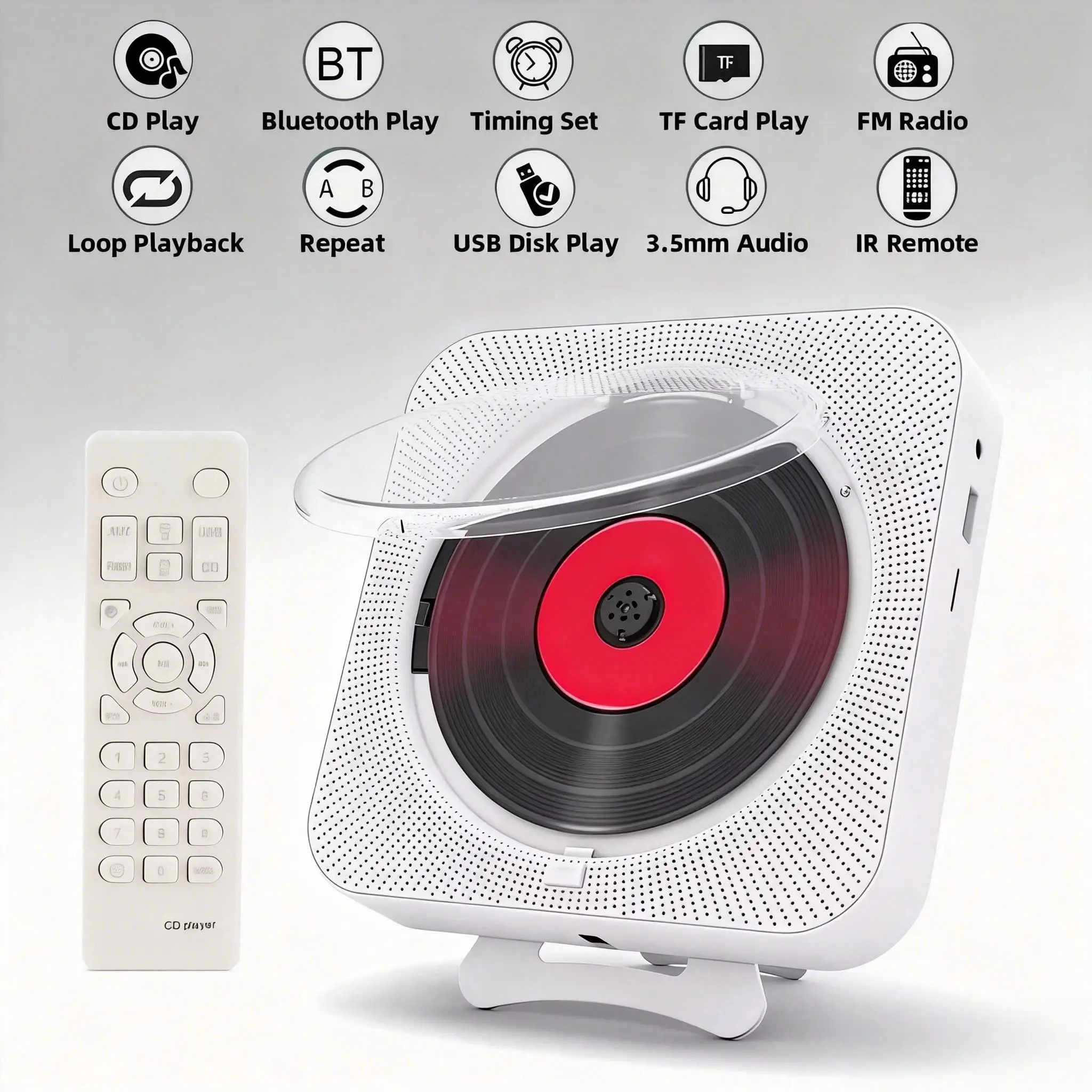 

Portable CD Player Bluetooth 5.3 Speaker Stereo HiFi Music Player Wall Mountable LED Display FM Radio USB TF AUX with IR Remote