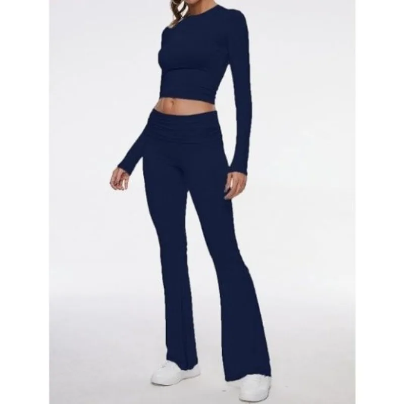 

Blouse Bell-bottom Trousers Suit Women's Round Neck Cropped Fitted Low-rise Comfortable Minimalist Fashionable Luxurious Casual