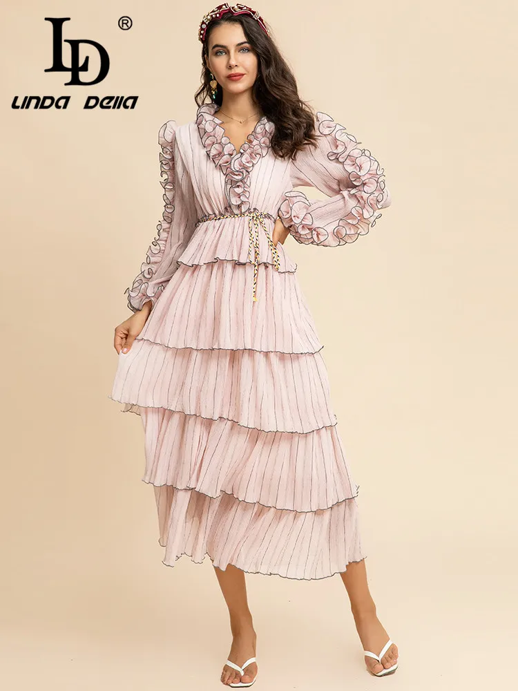 

LD LINDA DELLA Fashion Runway Autumn Winter Midi Dress Women V-Neck Lantern sleeve Ruffled Striped print Pink Cake Party Dress