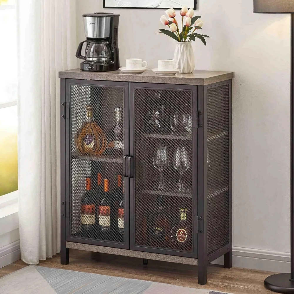 BON AUGURE Industrial Small Coffee Bar Cabinet with Storage, Farmhouse Accent Cabinet with Shelves for Liquor and Glasses