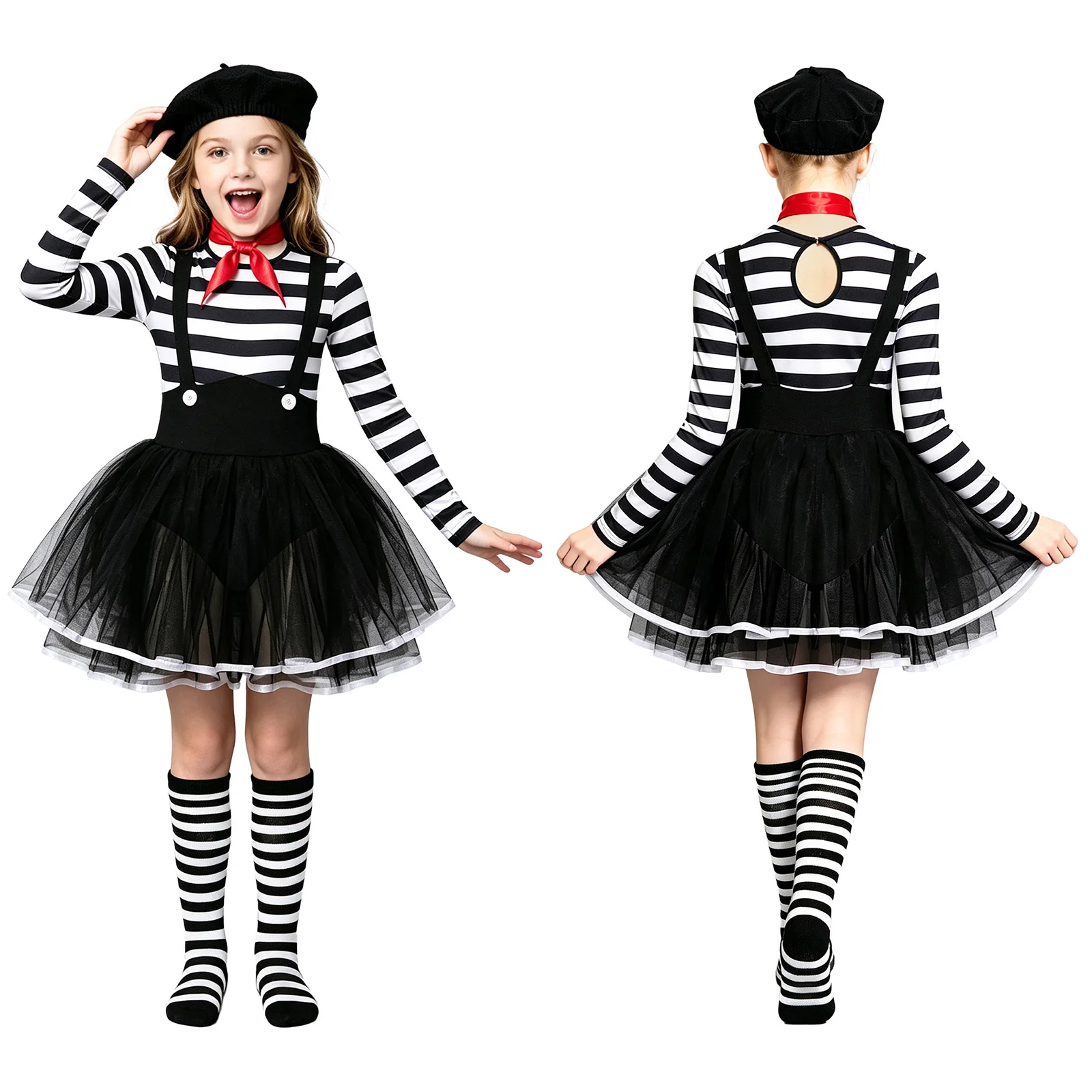 Disfraz de Payaso Malvado de Circo para Fiesta de Halloween para Niñas, Vestido de Payaso de Película con Tutú de Malla a Rayas de Manga Larga, con Sombrero y Bufanda para el Cuello