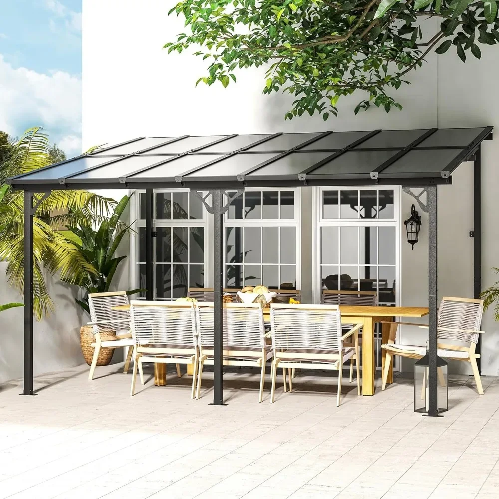 10' X 14' Gazebo For Patio, Gazebo Pergola With Sloped Roof, Large Wall-Mounted Heavy Duty Awnings