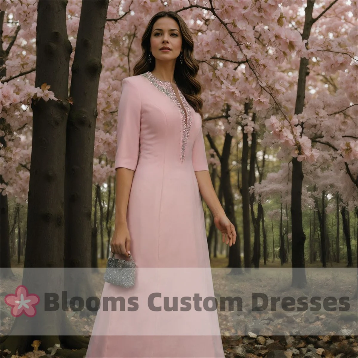 Blooms Pink Crepe Customized Beaded Evening Dresses 3/4 Sleeves Foor-length Elegant Prom Dress Cocktail Wedding Party Gown