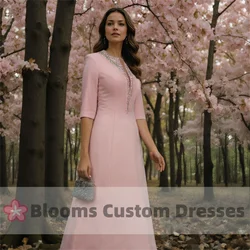 Blooms Pink Crepe Customized Beaded Evening Dresses 3/4 Sleeves Foor-length Elegant Prom Dress Cocktail Wedding Party Gown