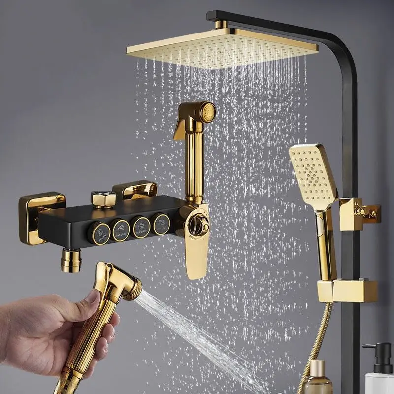 

Luxury 38 Degrees Temperature Thermostat Rain-fall Black Gold Exposed Shower System Mixer Taps Set,4 in 1 Times Working Sets