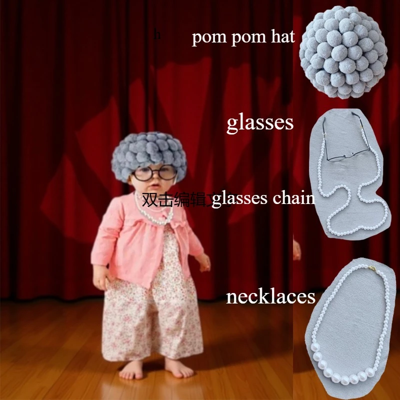 

Newborn Little Granny Costume Set - Curly Wig Hat with Glasses Chain & Necklace - Funny Baby Photo Prop 4-Piece Collection