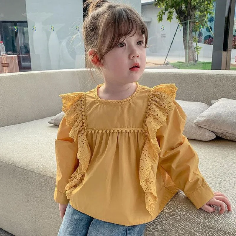 

Girls' Shirt Autumn New Fashionable Children's Long Sleeve Solid Color Shirt Stylish Top Baby Autumn Outfit