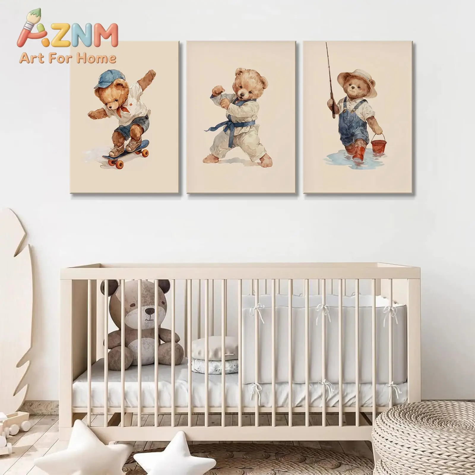 AZNM Cute Sport Teddy Bear Canvas Wall Art Skateboard Karate Fishing Theme Frameless Canvas Painting Nursery Boys Room Home Deco