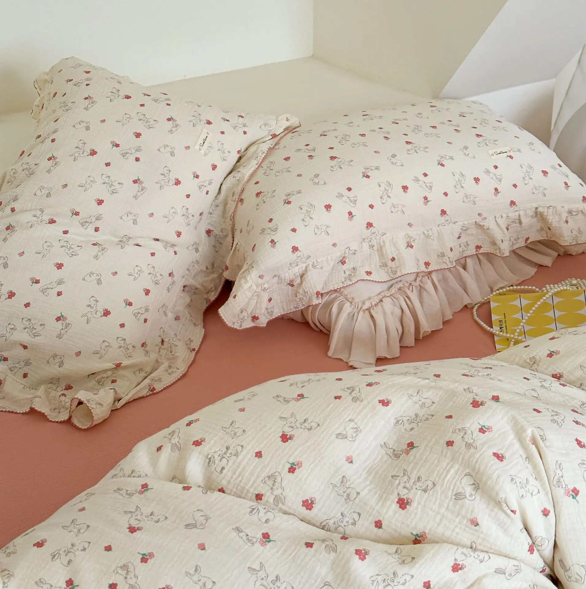INS Princess Ruffle Edge Gauze 100% Cotton Pillow Case Breathable Duvet Cover Without Filler 3PCS Floral Home Bedding Set image 3