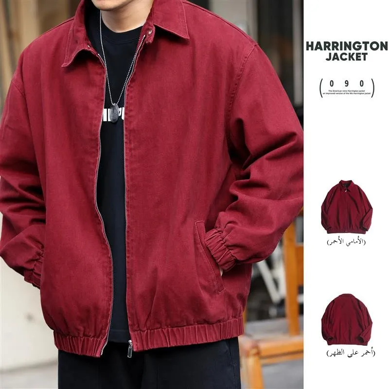 

Autumn 2024 Men's Casual Vintage American ey Jaet Wine Red Color Cleanfit Collar Harrington Coat Loose Fit Multi ket