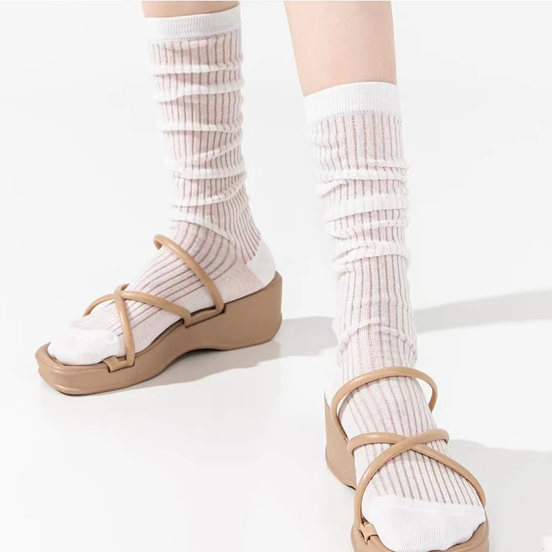 Calf Socks Women's Summer Thin semi-transparent Stockings Vertical Stripe Mid leg Socks Sun Protection Half-Length Tube Socks