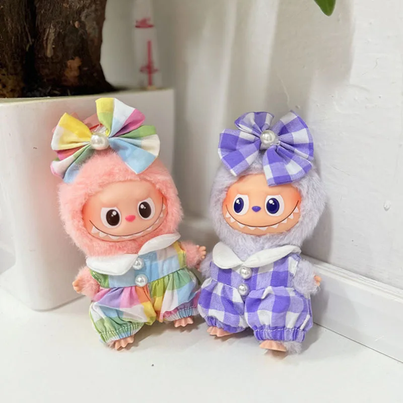 

Одежда для LABUBU 4.0 Gen 10 см, мини-булавка для Love Series, наряд для куклы, перламутровый клетчатый комбинезон с жемчужным бантом, аксессуар для волос