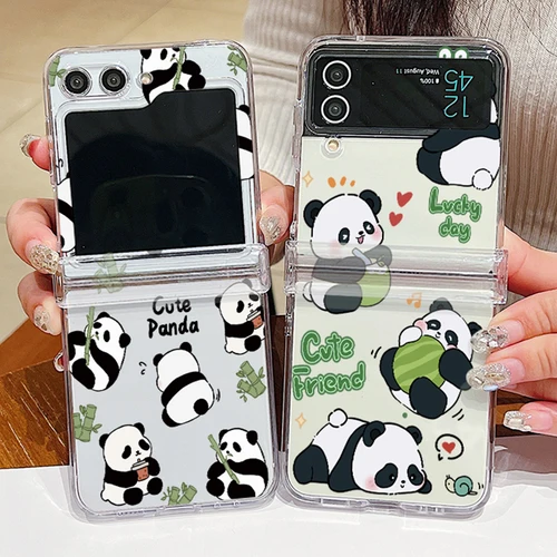 팬더 패턴 투명 접이식 휴대폰 케이스, 삼성 갤럭시 Z 플립 6 5 4 3 용 하드 백 커버, 삼성 Z 플립 4 플립 6 플립 5 용