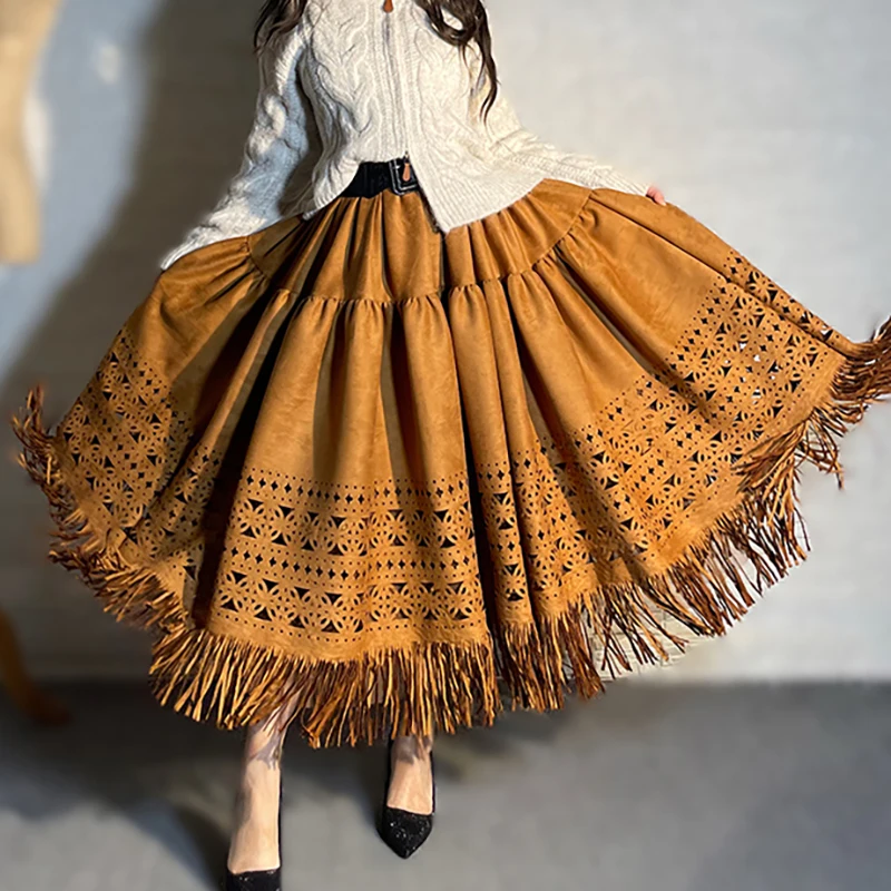Chic Elegant Brown Hollow out Midi Skirt Mid-Length Large Pleated Tassel Maxi Long Skirt for Women