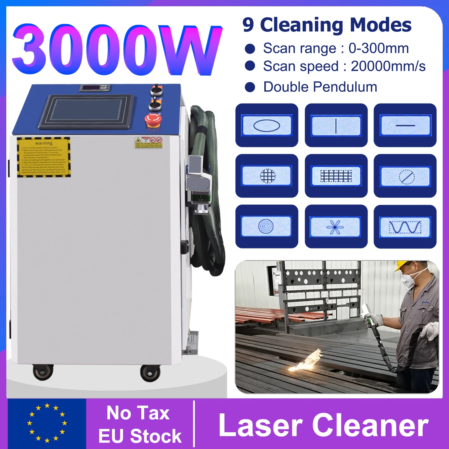 3000W Laser Cleaning Machine Rust Removal Cleaning Oil Paint for Metal Cleaning Width 300MM Laser Cleaner 9 Cleaning Modes 2000W