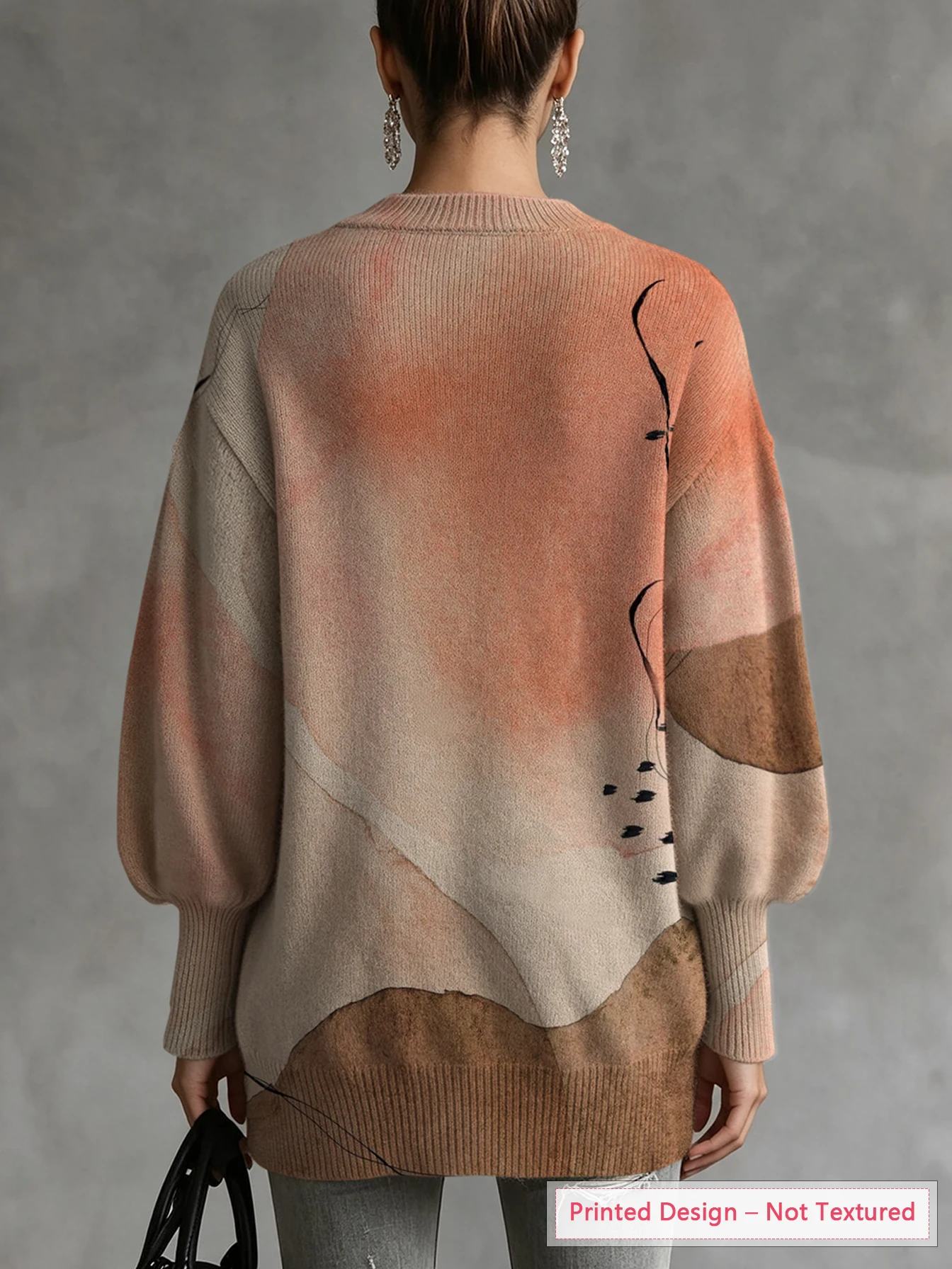 Women's Autumn and Winter Tops, Irregular Hem, Gradient Pattern Print, Lantern Sleeves, Thin Pullover Sweater