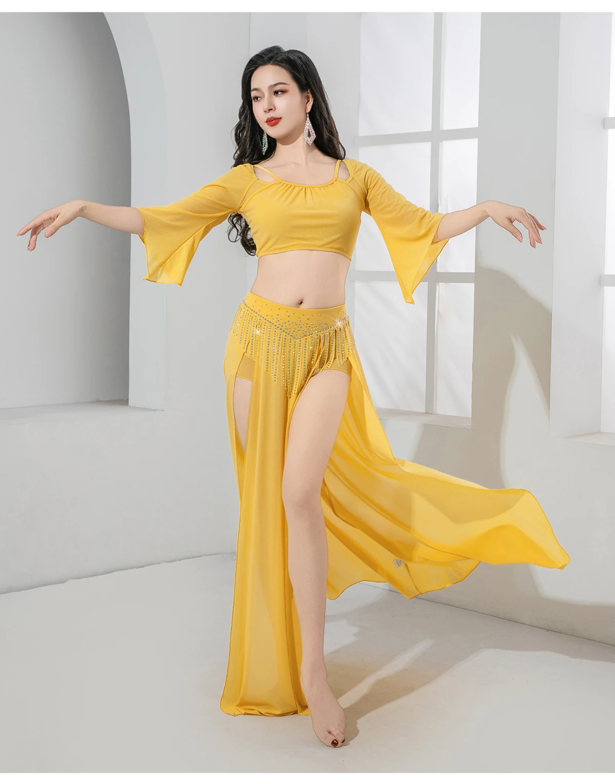 Novo outono roupas de prática de dança do ventre adulto feminino luz luxo diamante borla desempenho conjunto trajes de dança oriental