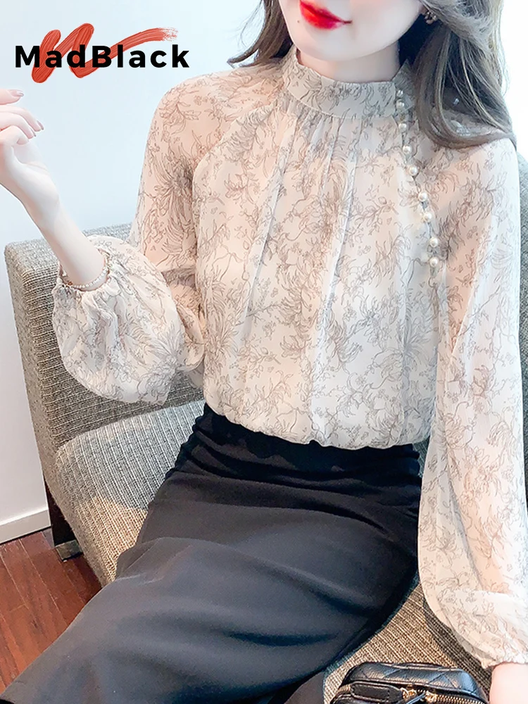 

MadBlack-Женская европейская рубашка, сексуальная лоскутная рубашка на пуговицах с принтом-стойкой, свободная блузка S-2XL в стиле ретро с рукавами-фонариками, весна 2026 T5D809CC