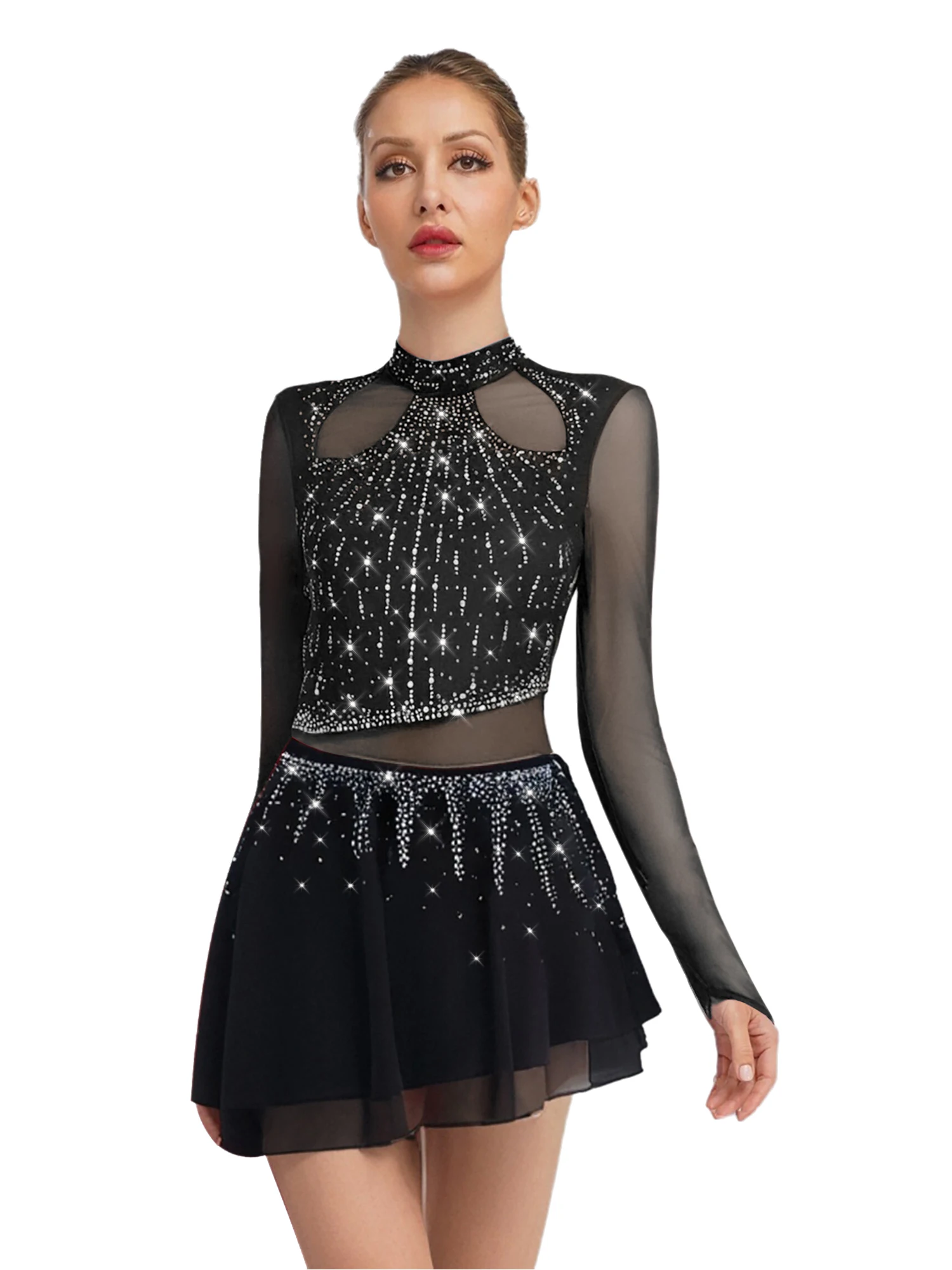 

Womens Jazz Dance Dress Shiny Rhinestone Long Sleeve Chiffon Skirt Bodysuit for Figure Skating Performance Gymnastics Costume