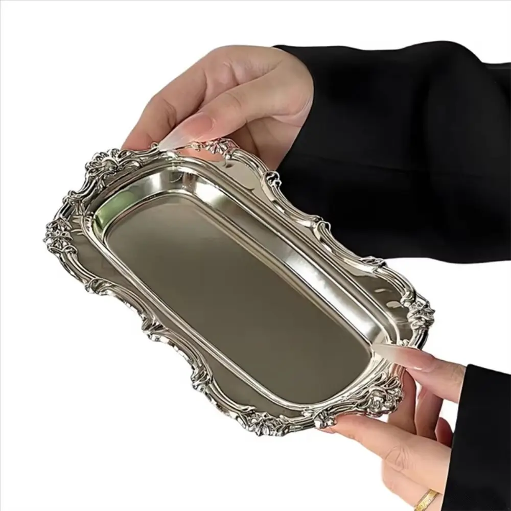 European Style Vintage Embossed Tray Gold/Silver Sturdy Desserts Plate Decorative Iron Jewelry Storage Organizer view 3