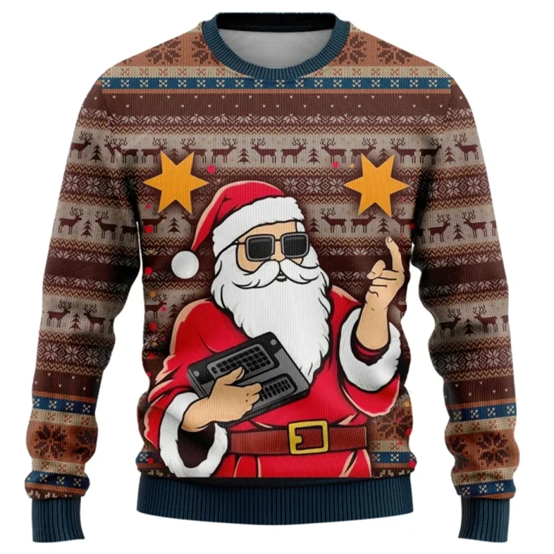 Christmas Men Long Sleeves Tops Funny Holiday Party Pattern Ugly Sweatshirts 3D Printed Pullover Loose Round Neck Xmas Tee Shirt