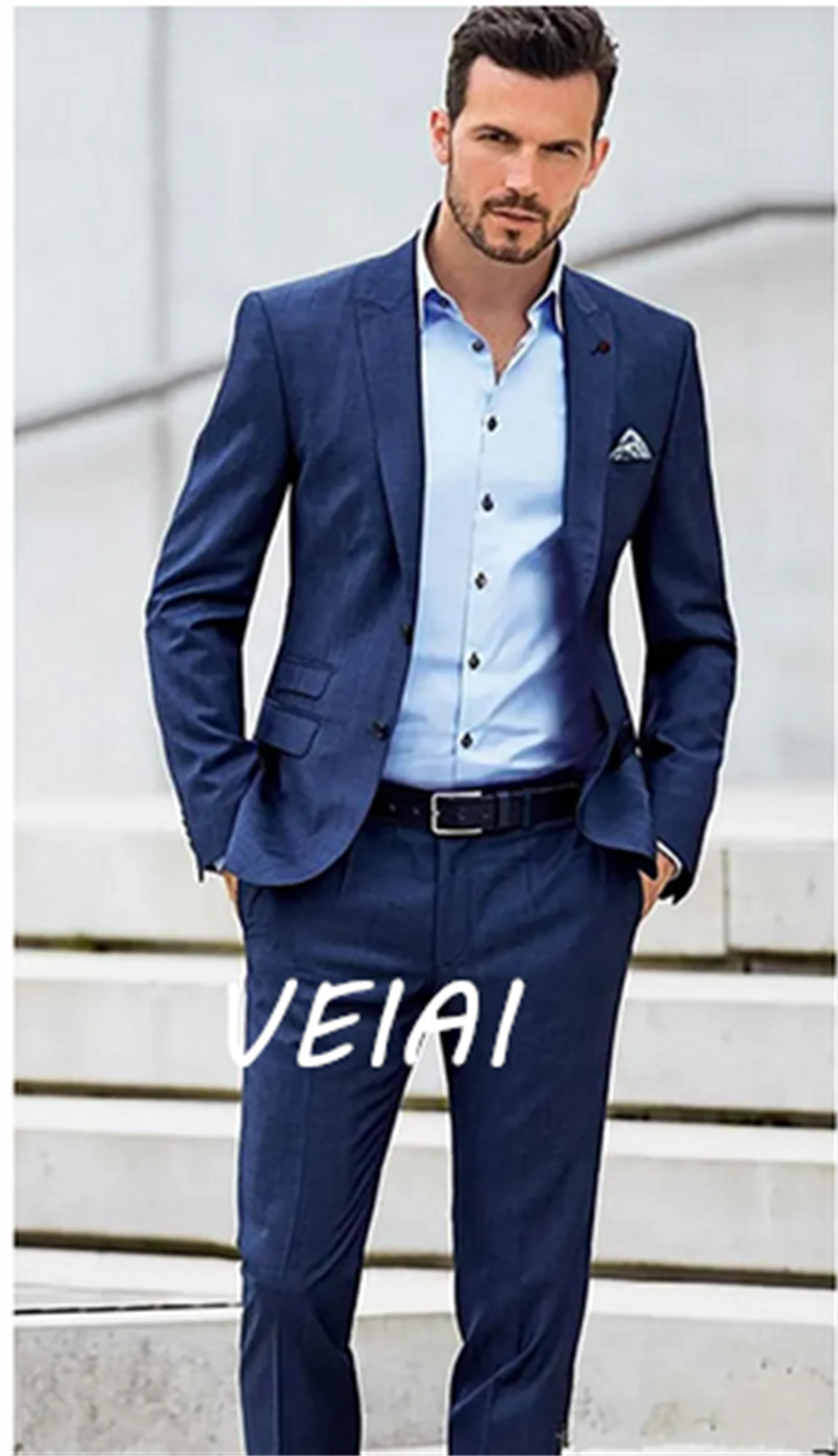 

Элегантные мужские костюмы с синими лацканами по индивидуальному заказу, 2021, свадебные смокинги для жениха на одной пуговице, деловой мужской рабочий комплект (куртка + P)