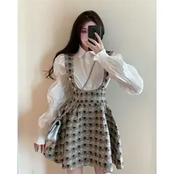 Spring Autumn Set Women's Middle School Bubble Sleeve Long Sleeve Shirt Women's Checkered Waist Strap Skirt Two Piece Set