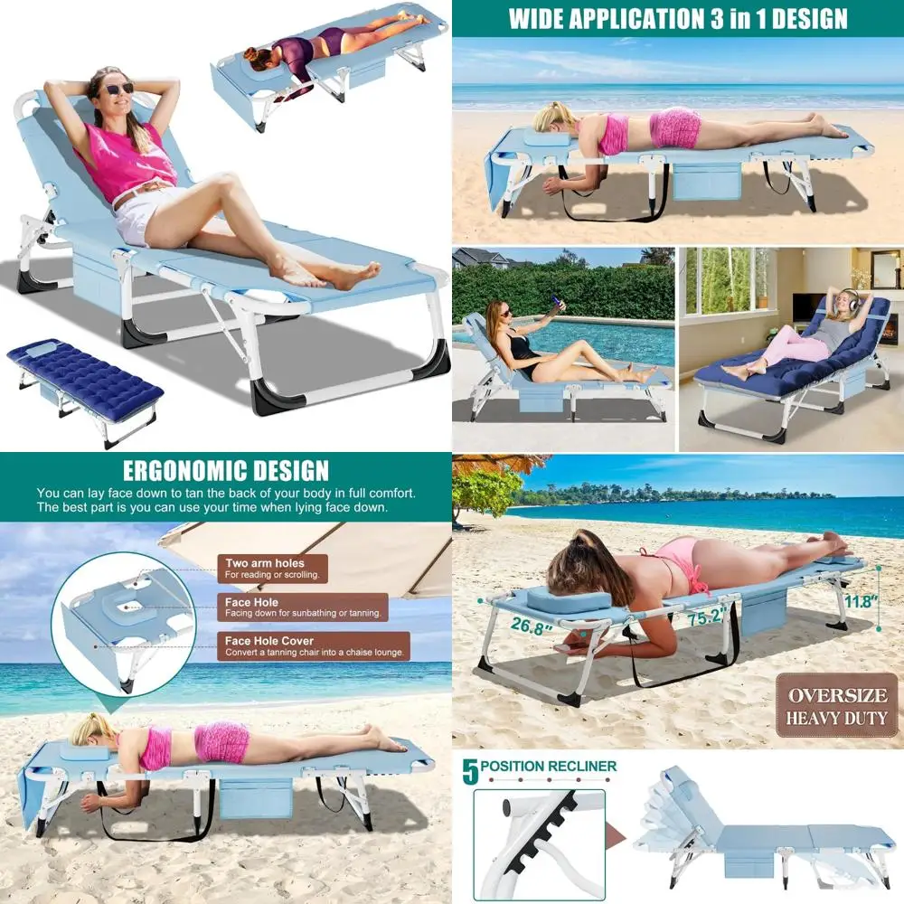 

Heavy Duty Tanning Chair with Face Hole, Adjustable 5-Position Folding Lounge Chair for Outdoor Use, Portable Relaxation Furnitu