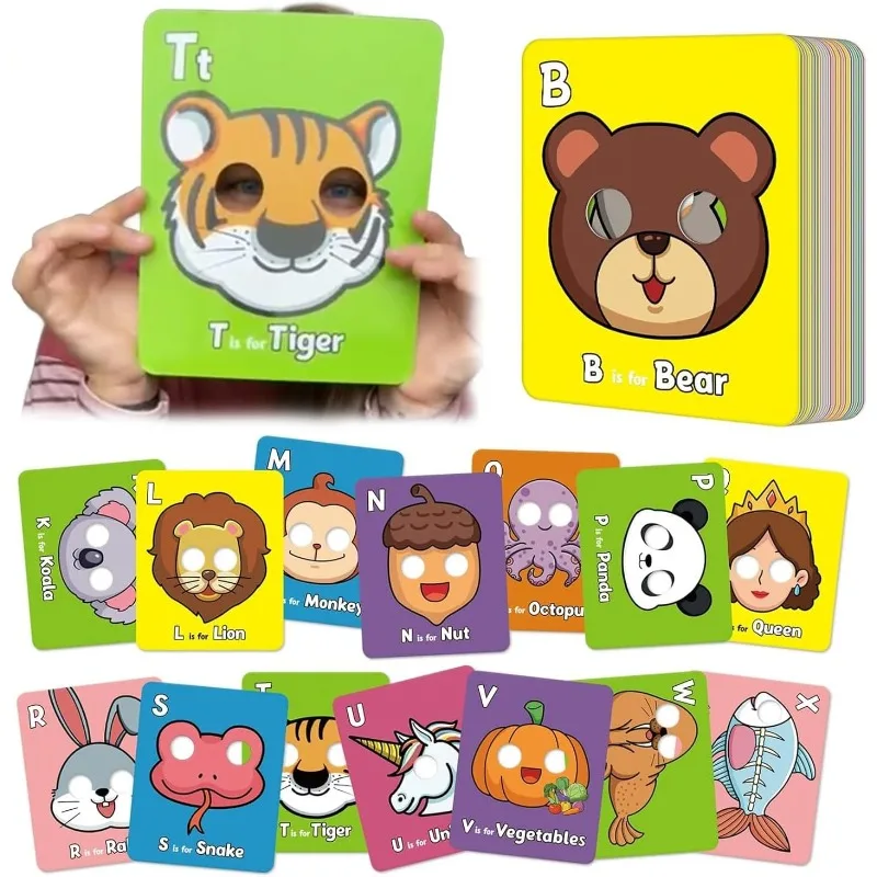 26 PCS Alfabeto ABC Flash Cards com Máscaras de Animais Cartões de Máscara de Alfabeto Coloridos Jogos Educacionais Interativos