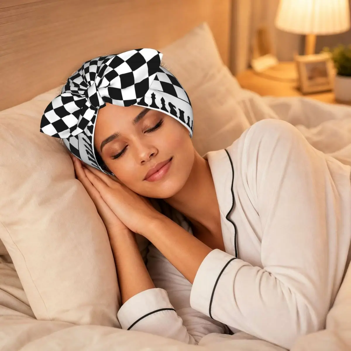 Chess Board Black And White Grid Checkered Sleep Bonnet Double Layer Adjustable Bow Reversible Hair Cap for Curly Braids Hair