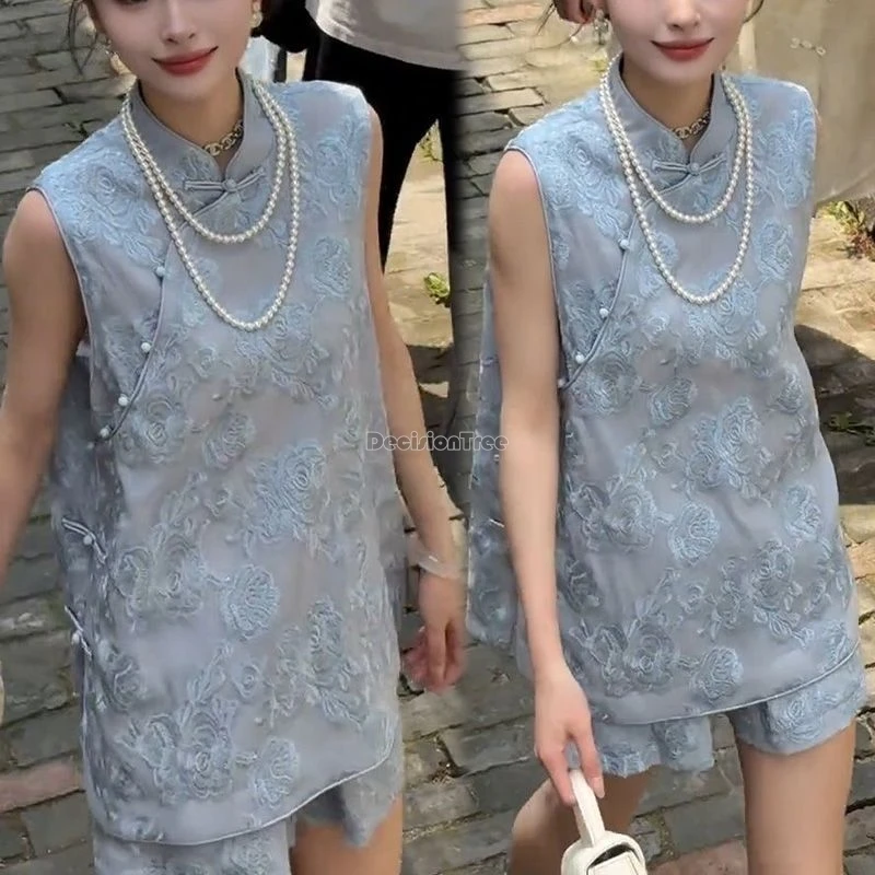 2025 النمط الصيني الجديد فضفاض غير رسمي بلا أكمام الوقوف طوق Chonegsam بلوزات وسراويل قصيرة الصيف النساء موضة تانغ دعوى 2 قطعة مجموعة #3