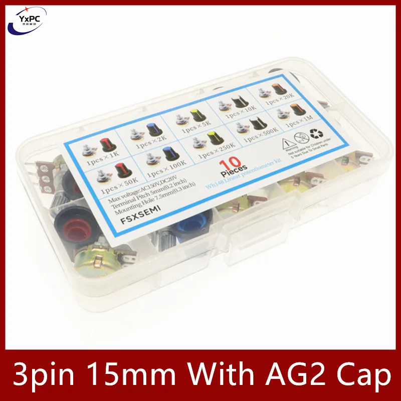 10valuesX1pcs = 10Pcs WH148 Potentiometer 3pin 1K 2K 5K 10K 20K 50K 100K 250K 500K 1M 15มม.Potentiometer ชุด3pin พร้อม AG2หมวกกล่อง