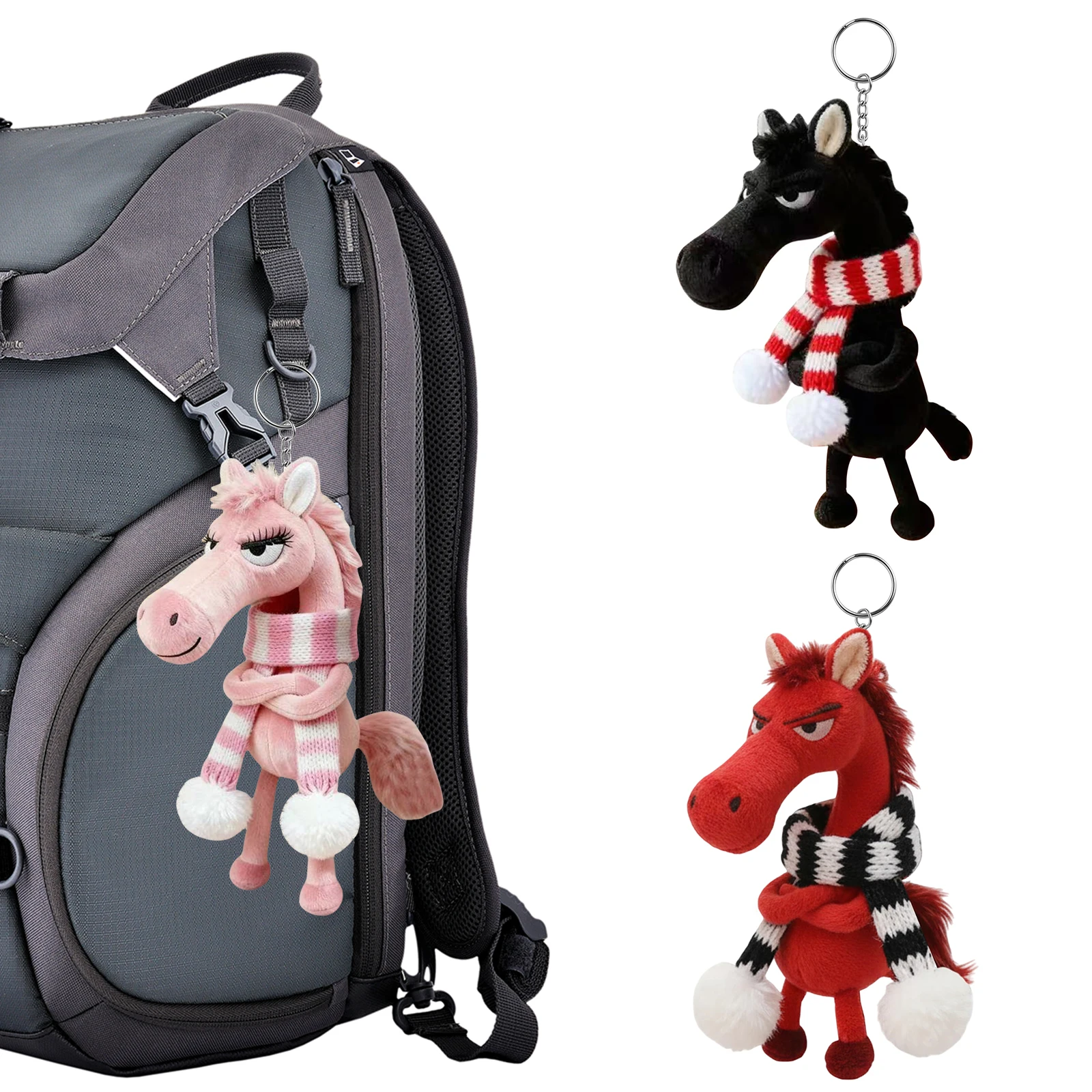 Zacht pluche paardenhanger die sterkte, moed en evenwicht symboliseert, paardensleutelhanger pluche speelgoed met sjaal voor rugzak, tas en handtas