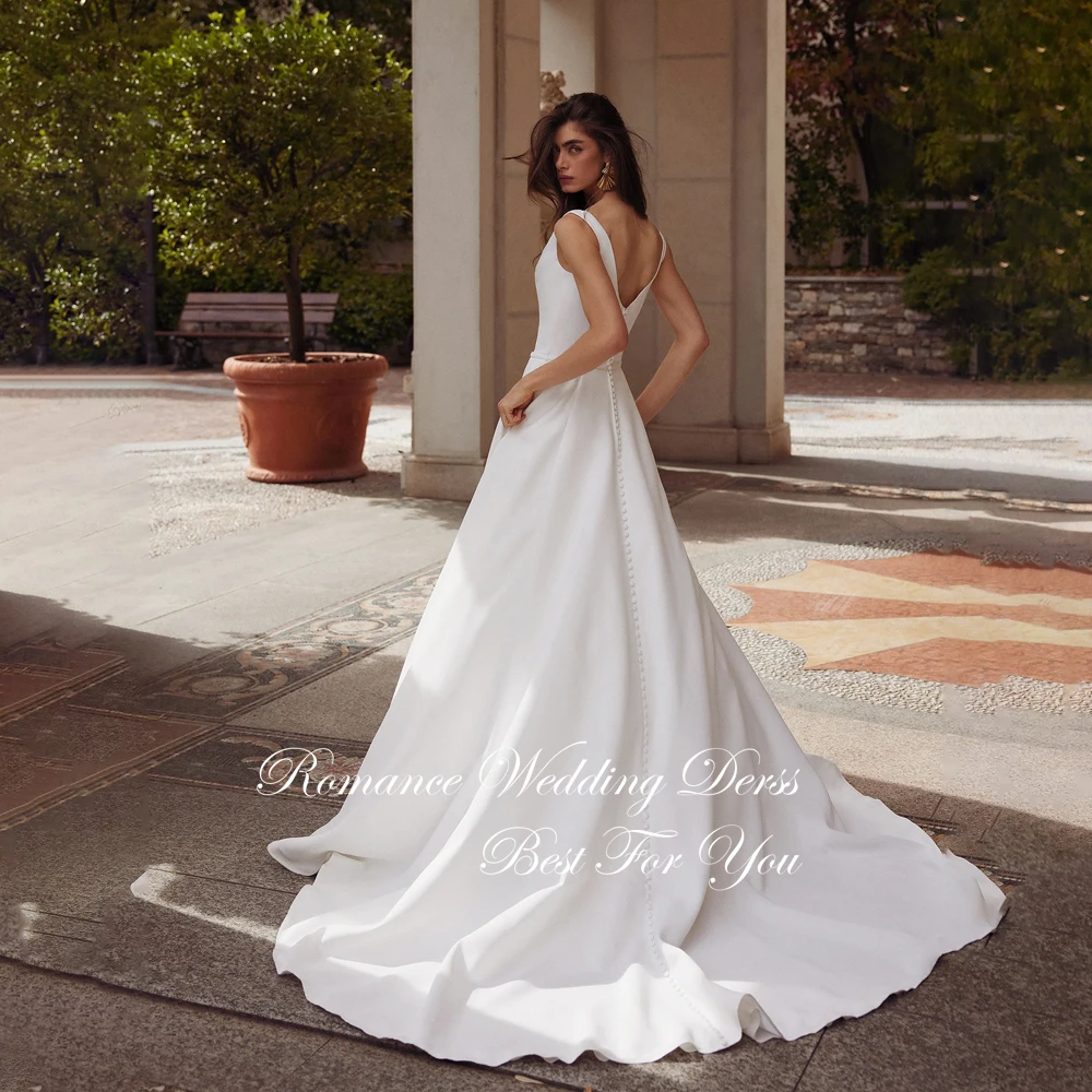Clássico plissado barco-pescoço a linha vestido de casamento feminino com bolso sem mangas alças espaguete aberto volta vestido de novia personalizado