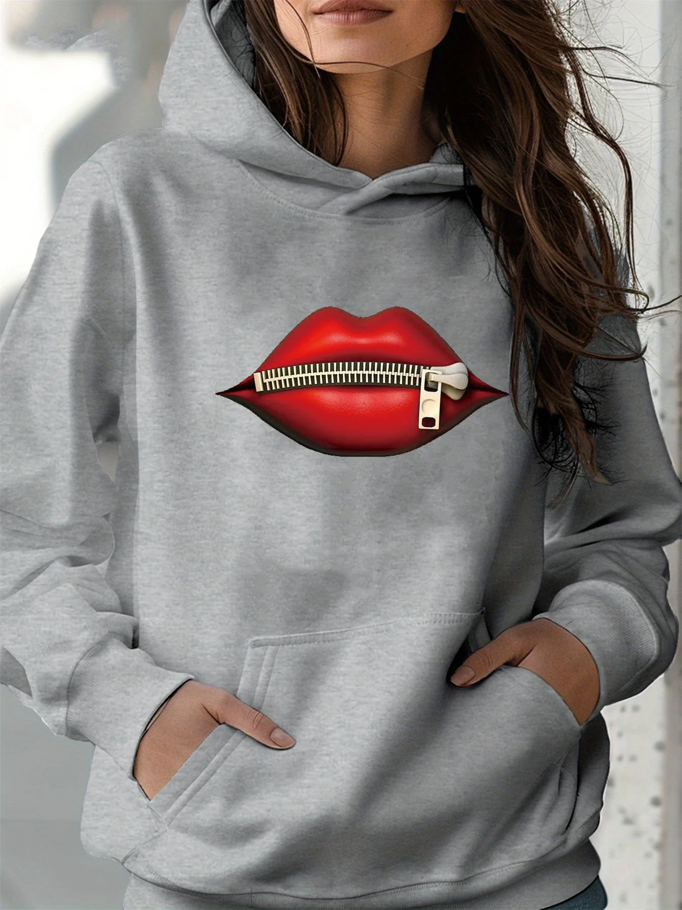 

Женская осенне-зимняя теплая и свободная повседневная бархатная толстовка с капюшоном и принтом на молнии с длинными рукавами и принтом губ