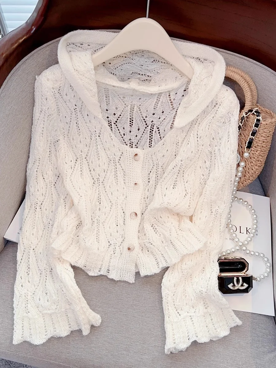 

Hollow out Long Sve Knitted Cardigan Hooded Sun Protection Clothing Women's Thin Outerwear Guangzhou Thirteenth Fac Hi...