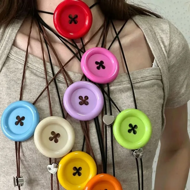 Dopamine Cute Oversized Button Bolo Tie Necklace Women Y2K Colorful Pendant Necklaces with Adjustable Leather Cord Choker Gift