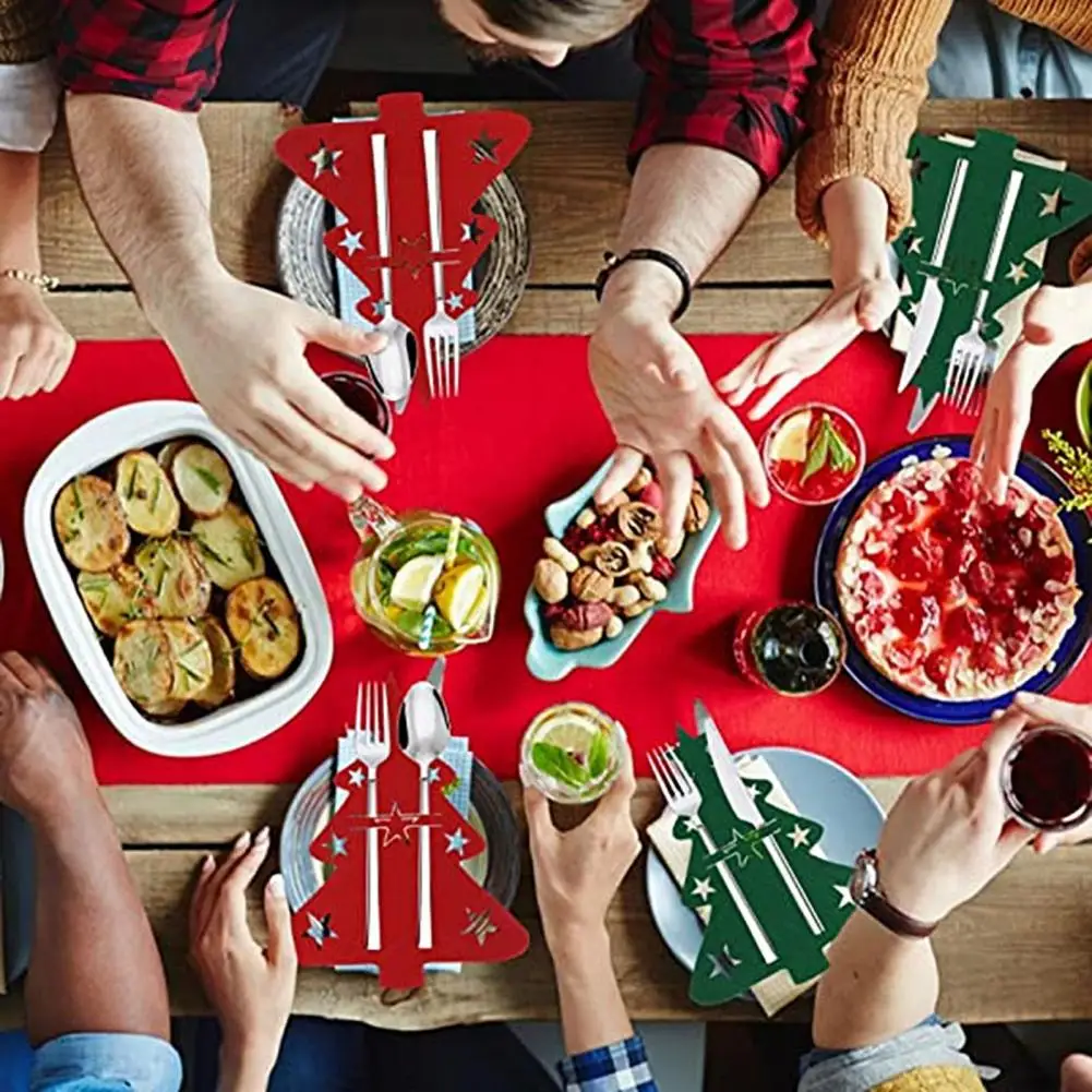 12Pcs Christmas Tableware Holder 2026 Flatware Bag Xmas Tree Cutlery Pockets Dinner Knife Fork Covers for Holiday Home Party Dec